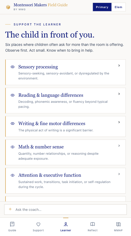 Support the Learner — six learning difference categories in the Field Guide app