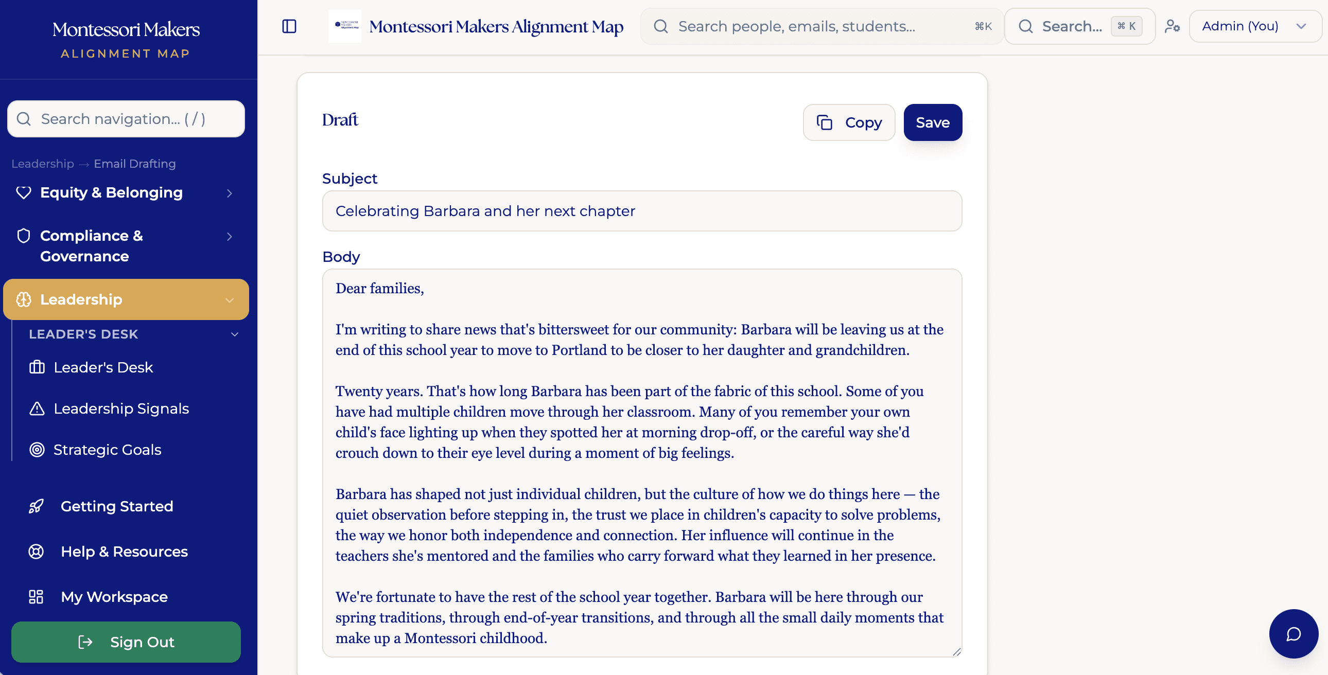 Embedded email drafting — draft in progress for staff departure